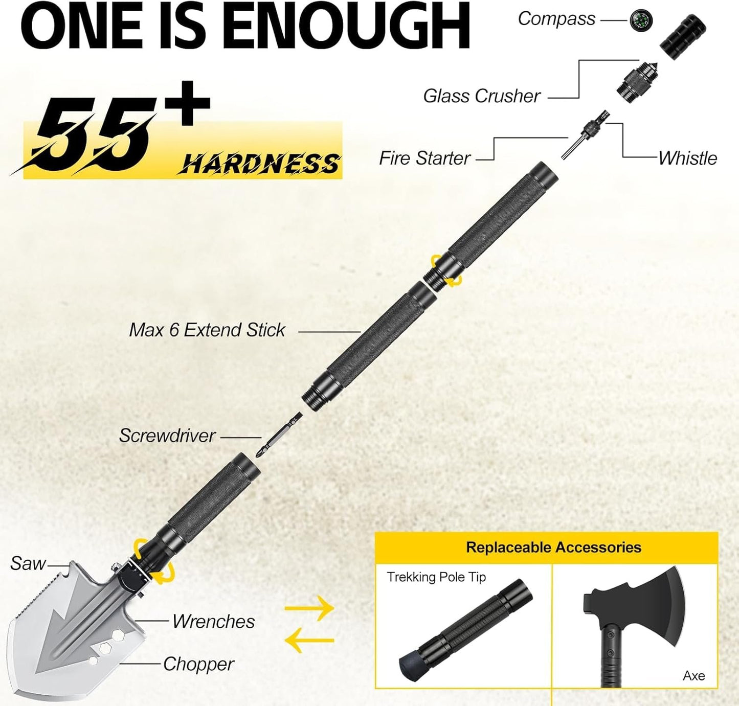 GOJAWAY Outdoor Camping Gear Tactical Shovel Axe Survival Multi tool, 55” Over-Length Trekking Pole Off Road Kit Military Grade for Garden Entrenching Car Emergency Heavy Duty Cold Steel Folding Spade