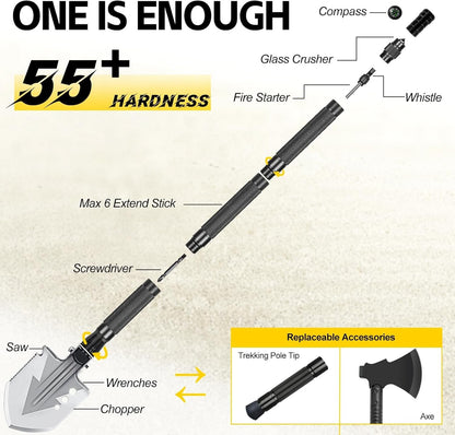 GOJAWAY Outdoor Camping Gear Tactical Shovel Axe Survival Multi tool, 55” Over-Length Trekking Pole Off Road Kit Military Grade for Garden Entrenching Car Emergency Heavy Duty Cold Steel Folding Spade