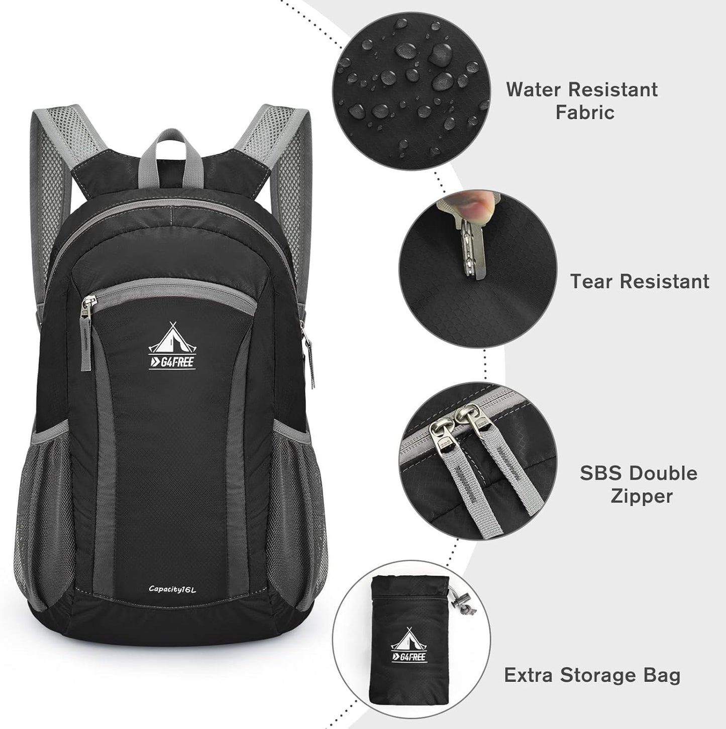 G4Free 16L Hiking Daypack, Lightweight Nylon Packable Small Backpack for Travel Camping Outdoor Men Women