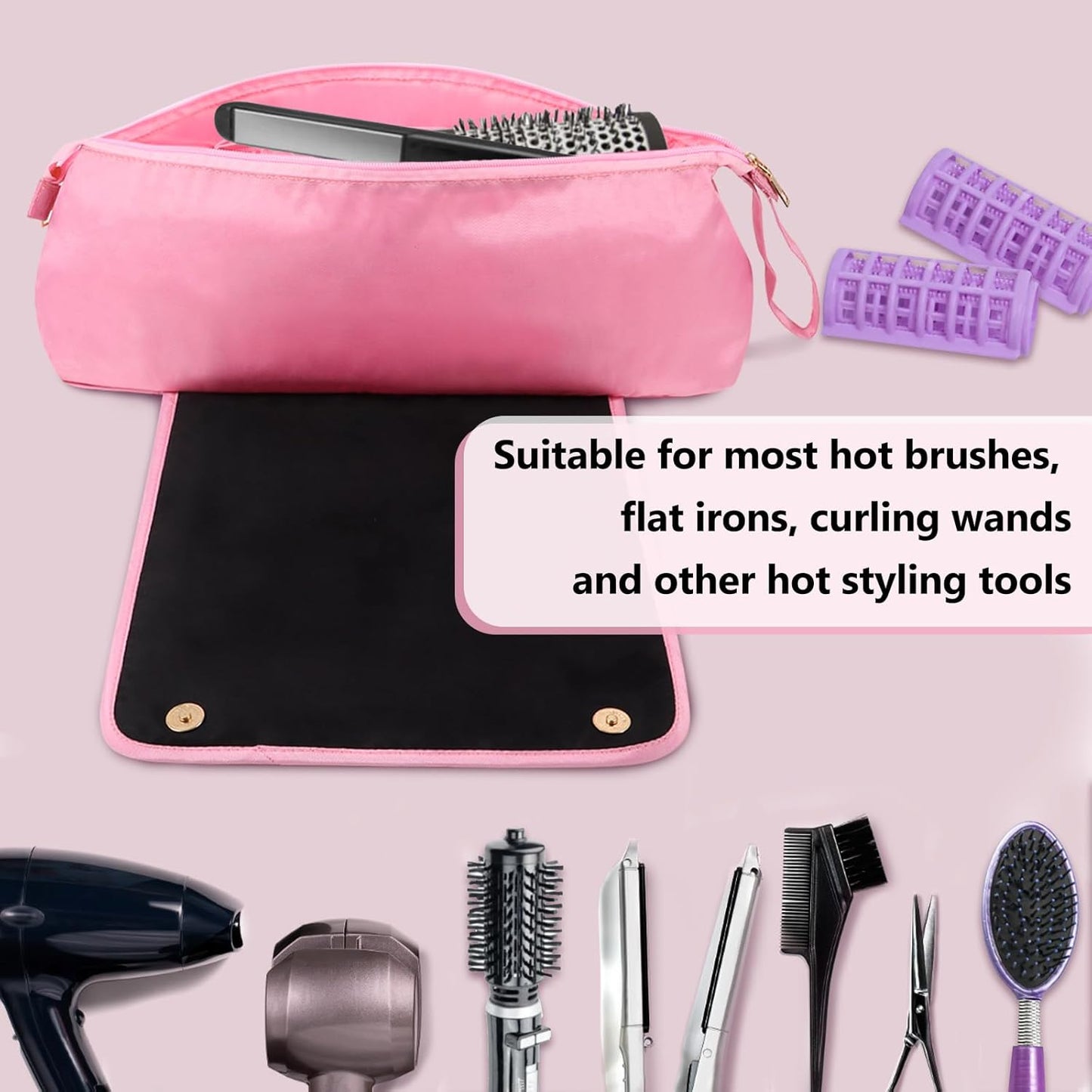 Large Hair Tools Travel Bag with Heat Resistant Mat for Straighteners, Curling Iron, Haircare Accessories, Hair Styling Tools Bag with Silicone Mat (Pink)
