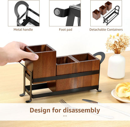 PHWRECZ Utensil Caddy 3 Compartments Wood Utensil Organizer Cutlery Holder for Spoons Fork Multifunctional Cutlery Storage Holder with Handle Removable Kitchen Utensil Holder 13.2×3.66×5.5 Inch