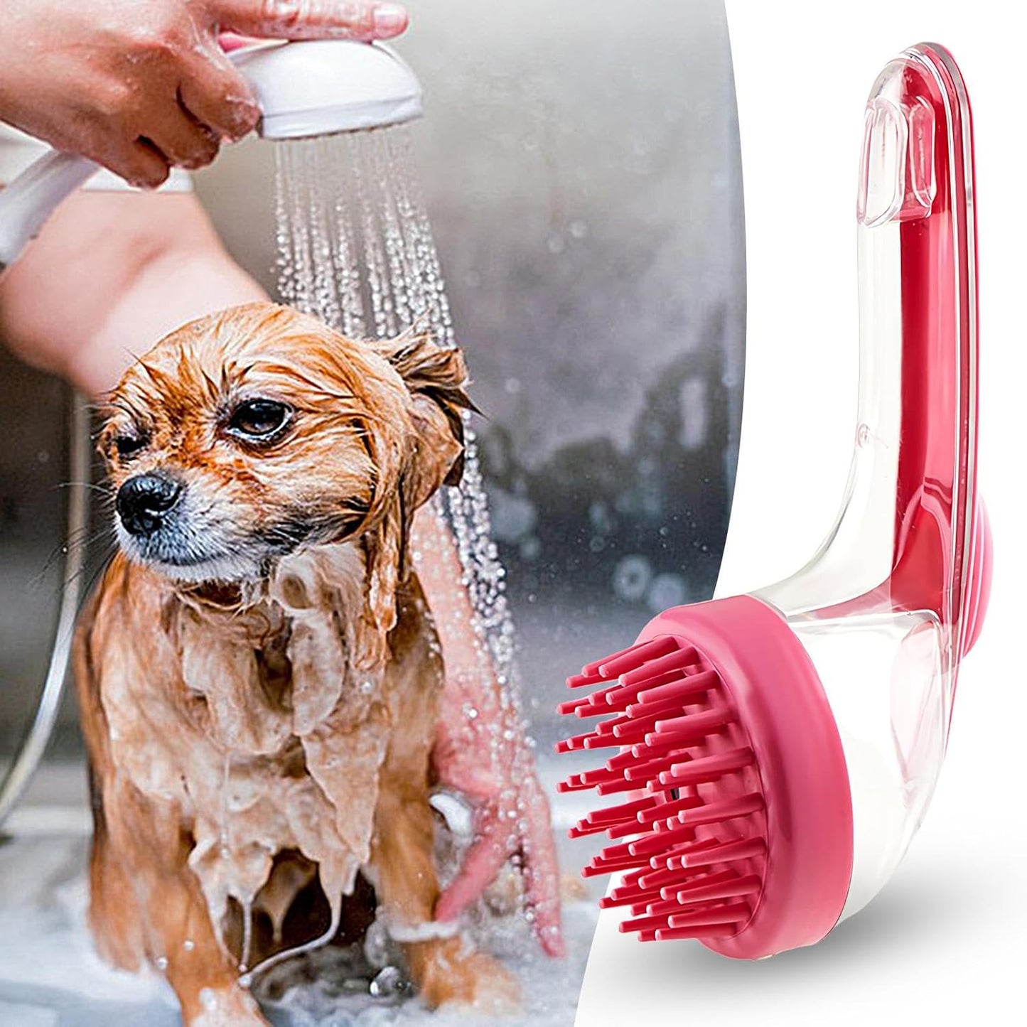 Mimoqk Dog Bath Brush, Silicone Grooming Comb, Pet Massage Cleaner with Shampoo Dispenser, Soft Bristles for Puppy, Kitten, Small Animals, Bathing and Shower Accessory