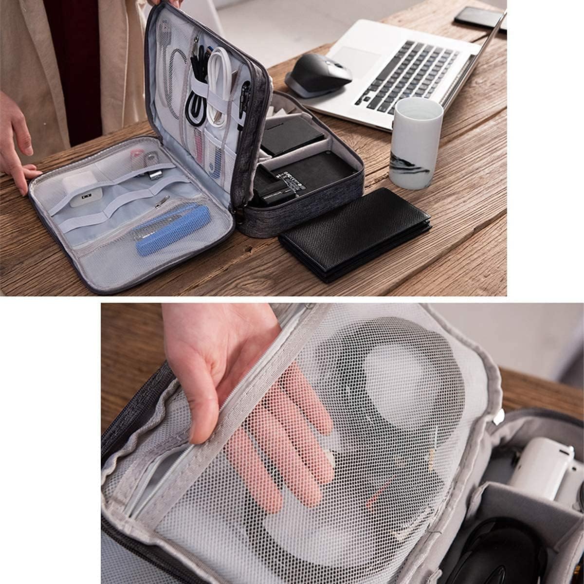 Electronic Organizer Bag Universal Travel Carry Bag Double Layer Cable Charger Adapter Mouse Mobile Phone Charging Cable Black