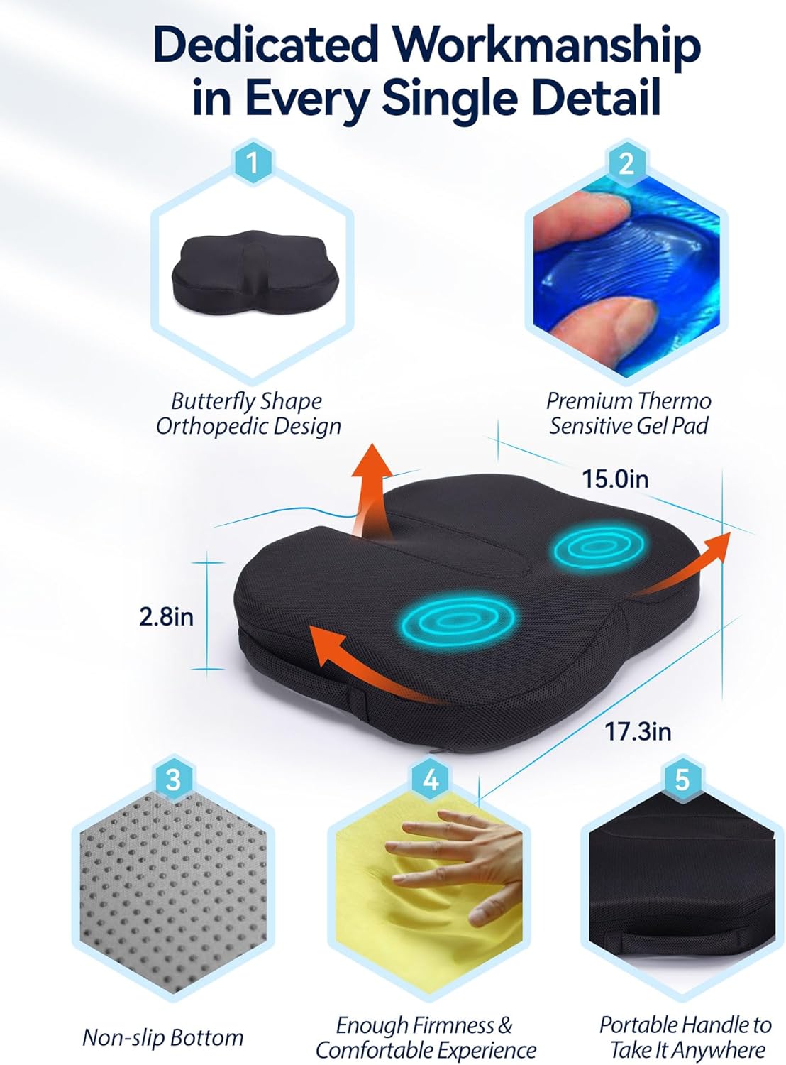 TRAVEL EASE Gel Memory Foam Seat Cushion, Butterfly-Shape Seat Cushion for Long Hours Sitting Comfort, Butt Support Pillow for Office Chair, Car Seat, Dining Chair (Ink Black)