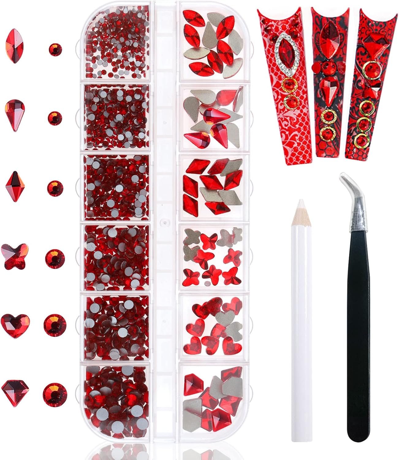 Yatinkim 810pcs Red Nail Art Rhinestones Set Crafts Eye Face Gems Nail Jewels Manicure Charms Design Makeup Supplies Accessories Shiny Wax Pencil