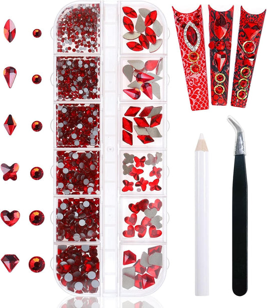 Yatinkim 810pcs Red Nail Art Rhinestones Set Crafts Eye Face Gems Nail Jewels Manicure Charms Design Makeup Supplies Accessories Shiny Wax Pencil