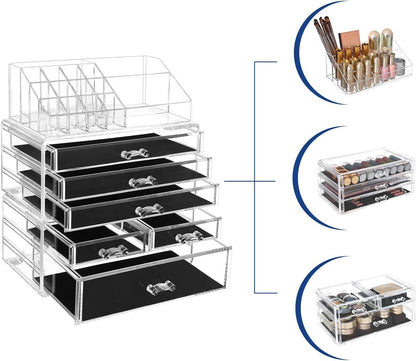 SONGMICS Organizer Trucchi con 6 Cassetti, Grande Organizzatore per Cosmetici in Acrilico, per Tavolozza, Pennello, Fondotinta, Rossetto, Smalto per Unghie, Forcine, Trasparente JKA009TP