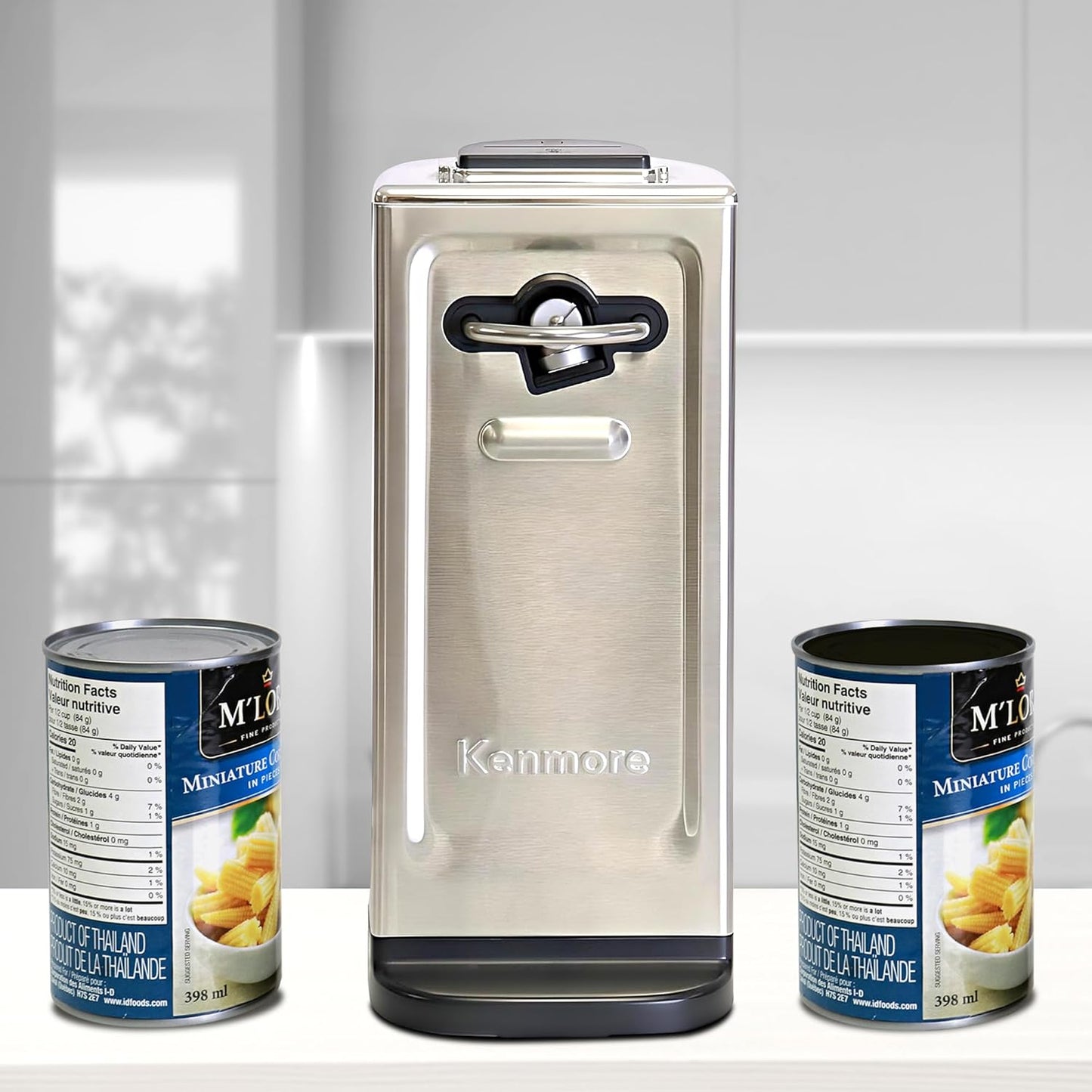 Kenmore Electric Can Opener - Extra-Tall, Smooth-Touch Side-Cut Blade, Safe Storage, Automatic Operation, Opens Regular & Pop-Top Cans, Black Steel Steel Camping Tool, Kitchen Gadget, Secure Grips