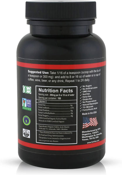 74+ Trace Mineral Powder with Humic & Fulvic Acid (166 Servings)(Flavorless) – Plant-Based, Vegan, Trace Minerals Supplement with Electrolytes & Alkaline pH (Kosher) – Black Water – by Fulvika Black