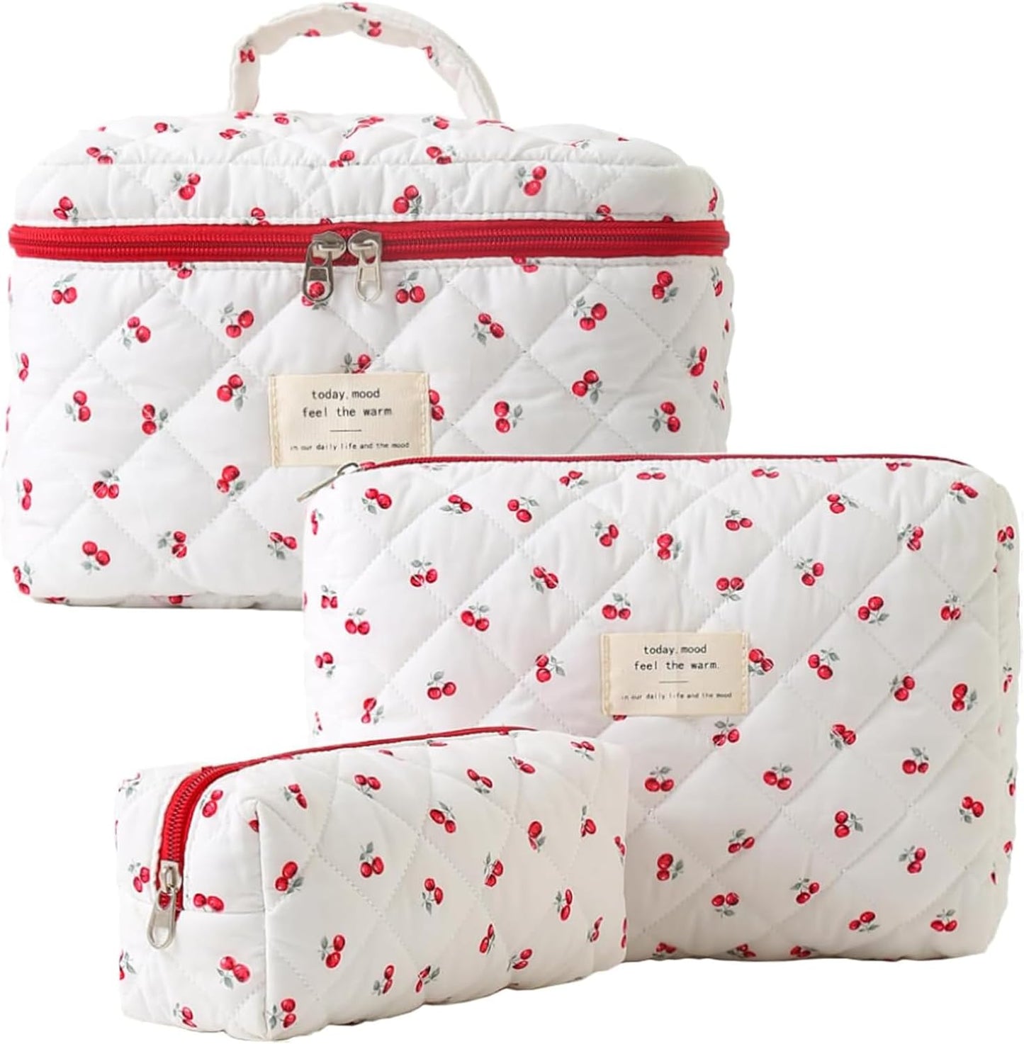 TOPALL Women's Travel Beauty Case, Large Cosmetic Bag for Travel, Make-Up Bag for Women, Updated Cotton Leather, Toiletry Makeup Bag Organizer, 2-Red Cherry (Large+Medium+Pouch)