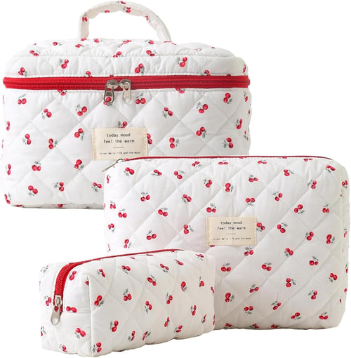 TOPALL Women's Travel Beauty Case, Large Cosmetic Bag for Travel, Make-Up Bag for Women, Updated Cotton Leather, Toiletry Makeup Bag Organizer, 2-Red Cherry (Large+Medium+Pouch)