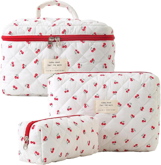 TOPALL Women's Travel Beauty Case, Large Cosmetic Bag for Travel, Make-Up Bag for Women, Updated Cotton Leather, Toiletry Makeup Bag Organizer, 2-Red Cherry (Large+Medium+Pouch)