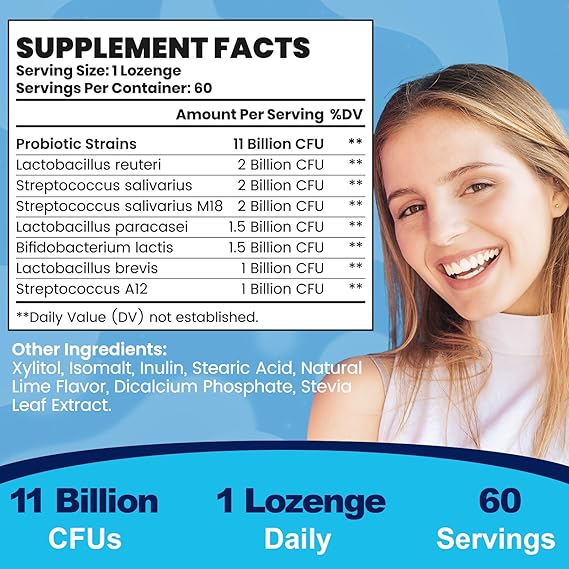 Oral Probiotics for Mouth Bad Breath Treatment for Adults 11 Billion CFU, Best Breath Oral Dental Probiotics for Teeth & Gums, Fresh Breath, Chronic Halitosis & Gut Health with M18, A12, 60 Tablets