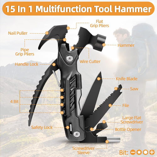 Stocking Stuffers for Men, Hammer Multitool 15 in 1 Christmas White Elephant Birthday Gifts for Men Dad Husband Boyfriend Camping Accessories Survival Gear Multi Tool with Gift Box Unique Cool Gadgets