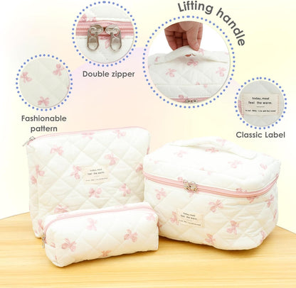3 Pcs Makeup Bag Cosmetic Bag Cute Cotton Large Quilted Travel Makeup Pouch Multifunctional Cosmetic Pouch Set for Women Girls Ladies (Pink)