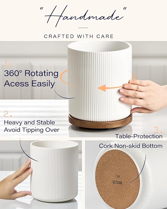 getstar 360 Rotating Large Kitchen Utensil Holder, Ceramic Cooking Utensil Holder for Kitchen Counter with Rotatable and Detachable Wooden Base