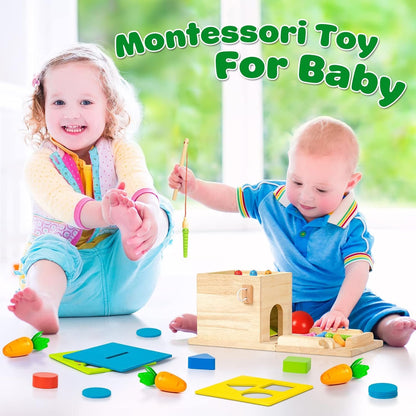 Wooden Montessori Toys for 1 Year Old, 5-in-1, Object Permanence Box, Coin Box, Carrot, Catch Worm, Shape Sorter, Learning Toy for Toddler Aged 1, 2, 3 Year Old Boys Girls