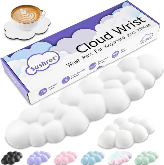 Sushret Cloud Wrist Rest Keyboard, Cloud Keyboard Wrist Pad Set with PU Leather Memory Foam, Cute Arm Rest for Palm Support, PC/Gaming Desk Accessories/Office Setup/Computer Hand Cushion - White