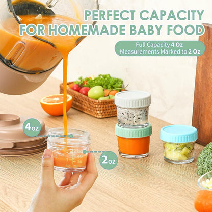 6 Pack Glass Baby Food Storage Containers - 4 Oz Glass Jars with Lids Microwave Dishwasher Freezer Safe 100% Leak Proof BPA Free Reusable Baby Snack Containers