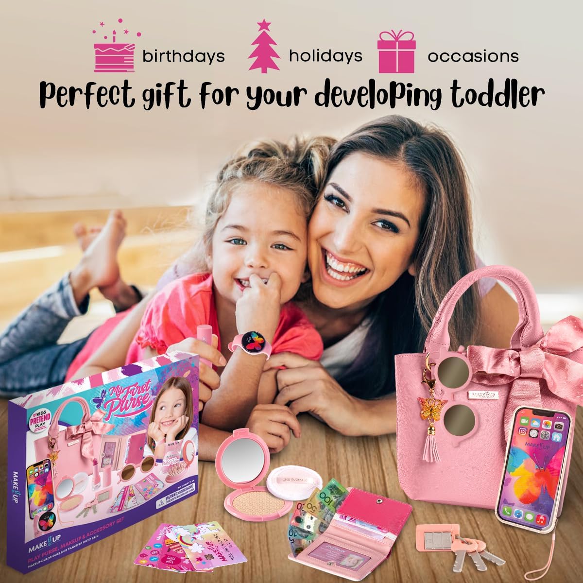 Pretend Play Kids Purse and Makeup Toy with Princess Pretend Makeup Smartphone Wallet Keys Credit and VIP Cards (Australian)