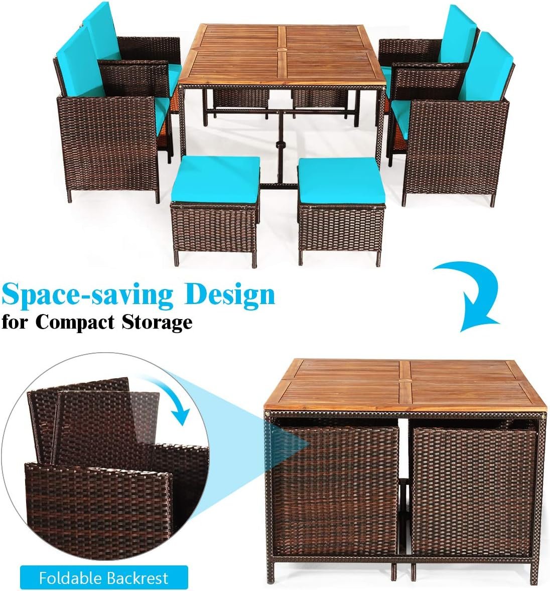 Tangkula 9 Pieces Acacia Wood Patio Dining Set, Space Saving Wicker Chairs and Wood Table with Umbrella Hole Outdoor Furniture Set, Suitable for Garden, Yard, Poolside, Outdoor Seating Set