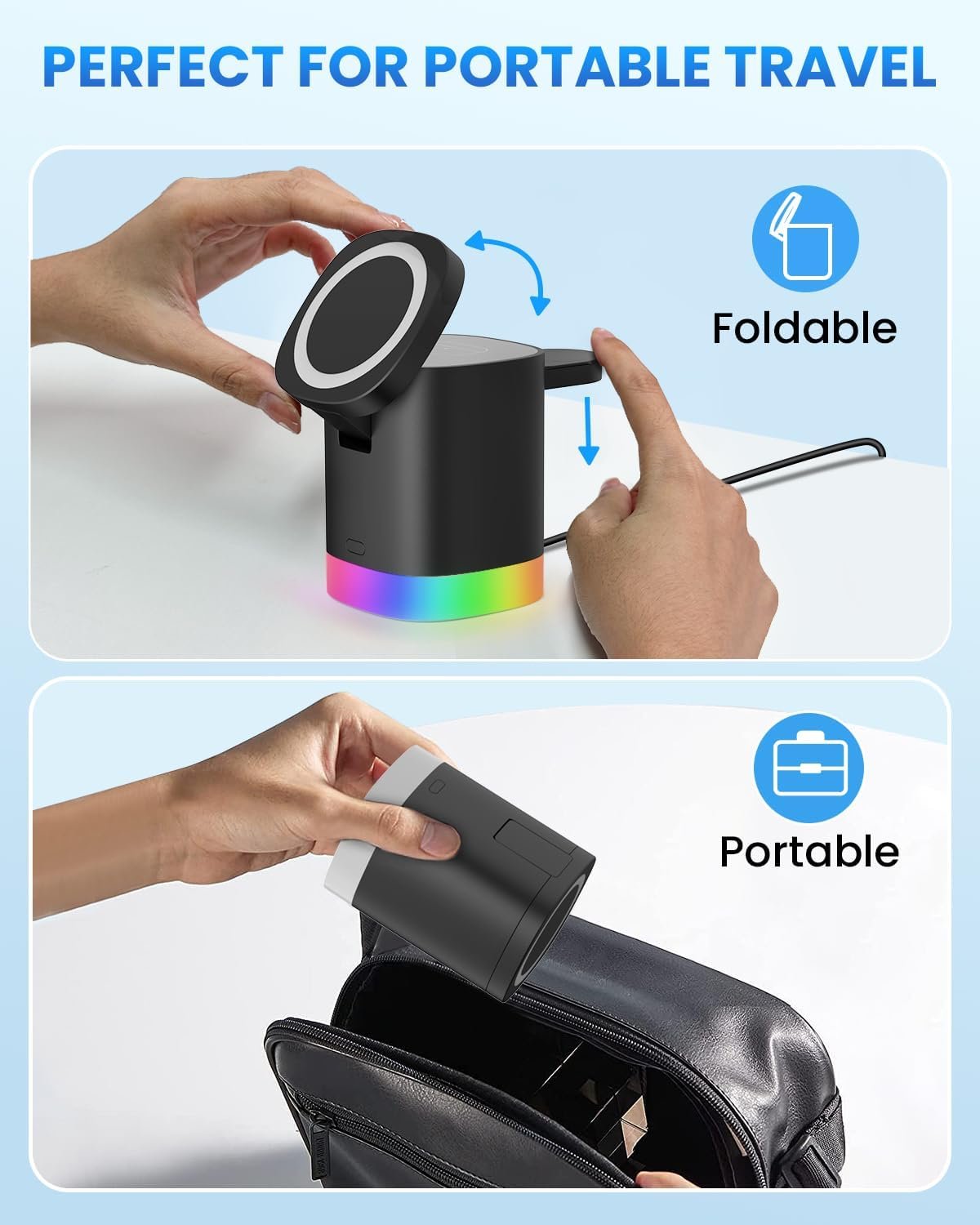 GEEKERA 3-in-1 Magnetic Charger Stand, Foldable Station with Night Lights, Magnetic Charger Dock for iPhone 16/15/14/13/12 Pro/Max, AirPods 4-2,Apple Watch 2-10/Ultra(Black)