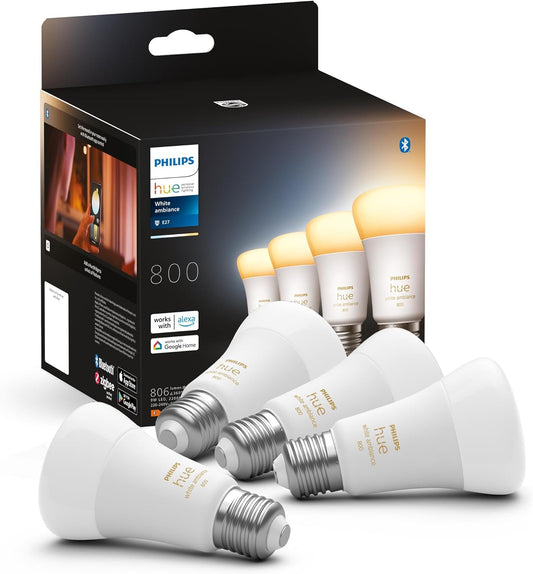 Philips Hue White Ambiance 4 Lampadine LED Smart, con Bluetooth, Attacco E27, 9 W, Dimmerabili, 800 Lumen, Luce Bianca Calda, Bianco