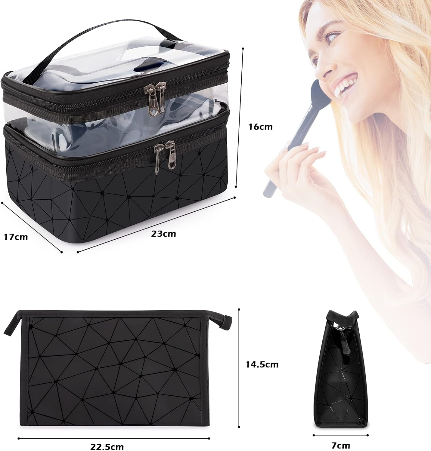 Set of 2 Women's Make-Up Large Clutch Bag Make Up Bag Makeup Cosmetic Travel Case Makeup Bag Makeup Bag Makeup Bag Girl | Black & Transparent, Black