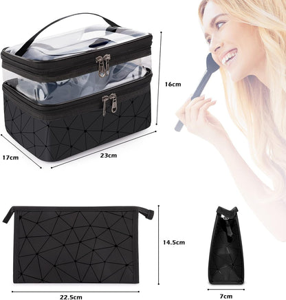 Set of 2 Women's Make-Up Large Clutch Bag Make Up Bag Makeup Cosmetic Travel Case Makeup Bag Makeup Bag Makeup Bag Girl | Black & Transparent, Black