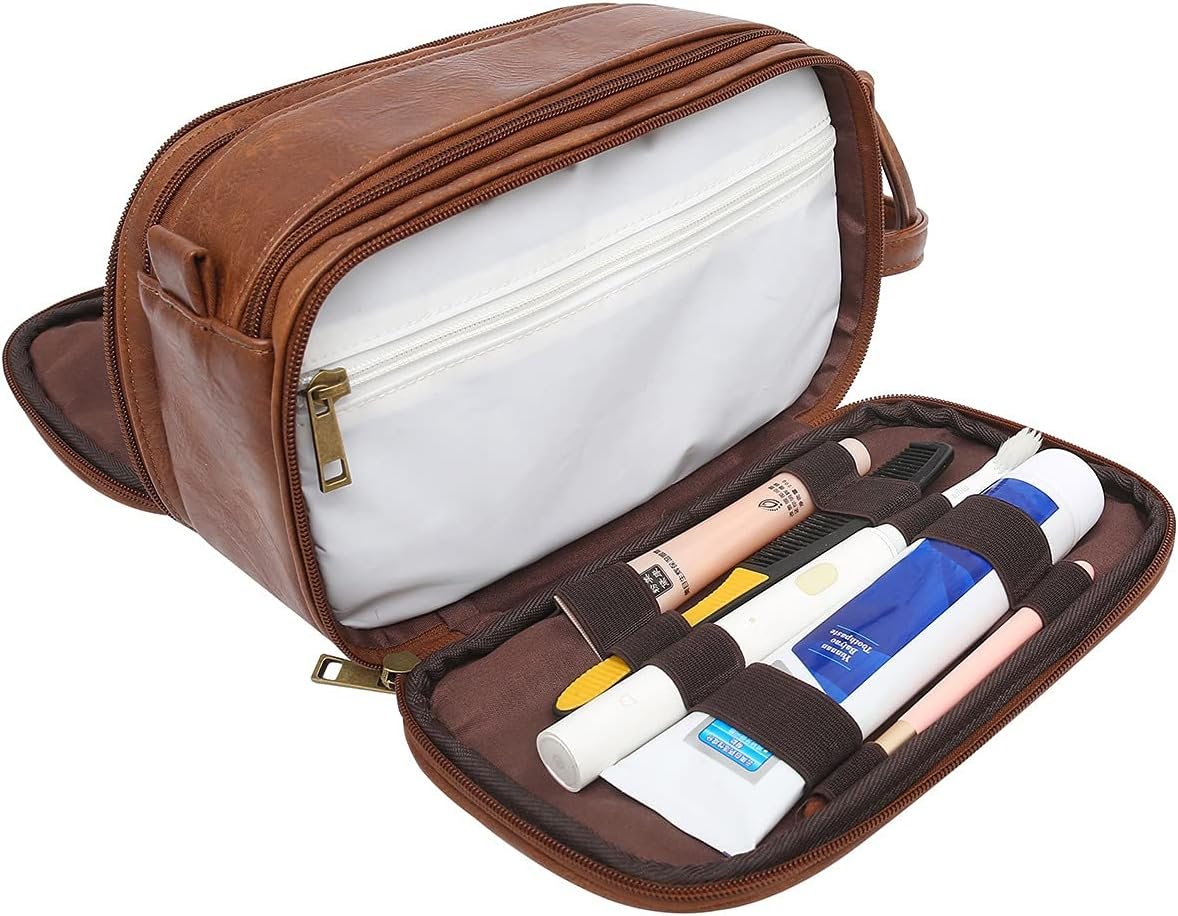 Toiletry Bag for Men Travel Toiletries Bag Water-Resistant Dopp Kit Faux Leather Shaving Bag Organizer for Toiletry Accessories Grooming Hygiene Cosmetic