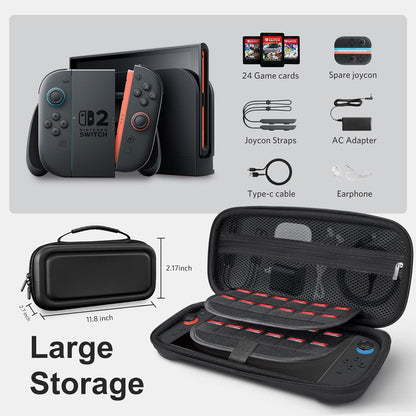CoBak Large Capacity Carrying Case for Nintendo Switch 2 ( 2025 ) , Ultra Slim Premium EVA Travel Pouch with 24 Game Cartridges, Screen Protective Cover, Accessories Storage Bag, Black