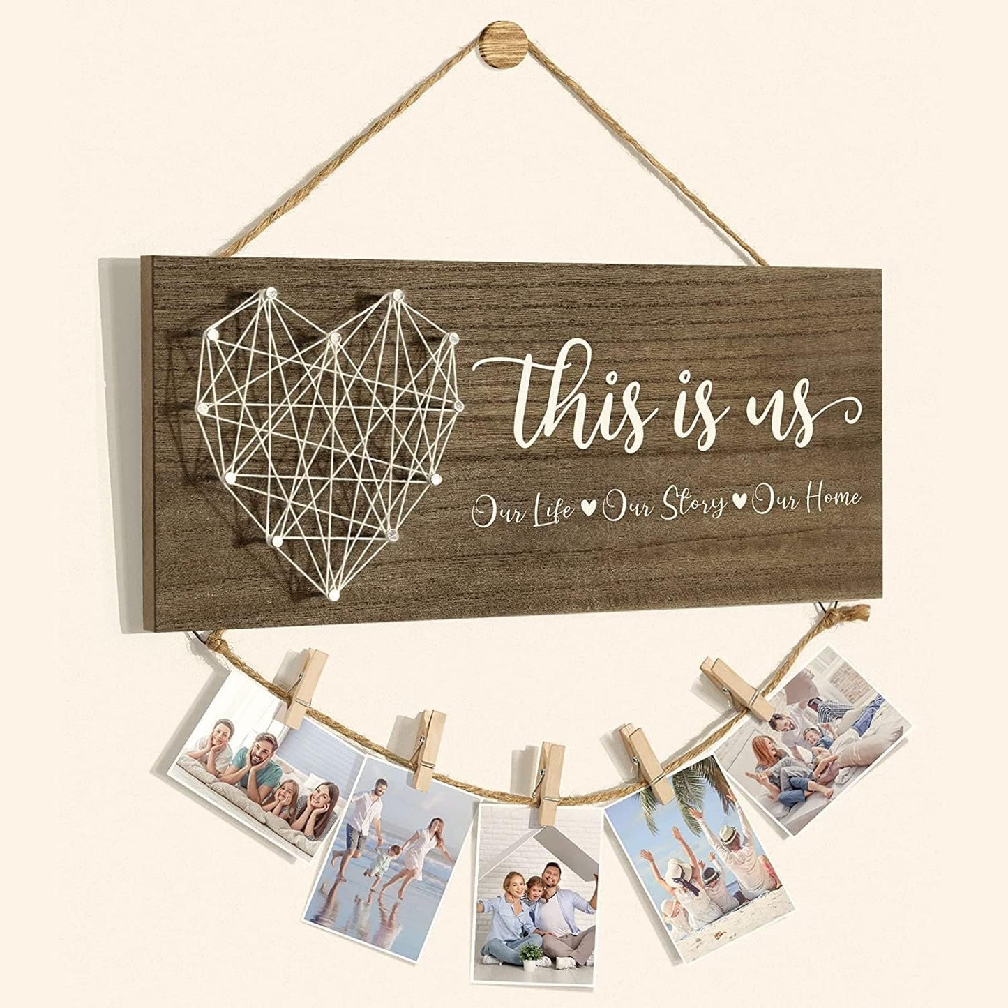 Baoswi Housewarming Gifts New Home Wall Decor Sign, This is Us Family Picture Frame Wedding Gifts for Couples Farmhouse Rustic Hanging Photo Holder, Gift for New Homeowner