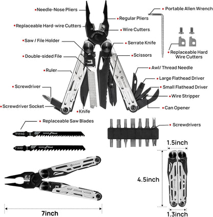 BIBURY Multitool Pliers, Stainless Steel 31-in-1 Multi Tool Pliers with Replaceable Wire Cutters and Saw, Foldable Multitools with Scissors and Screwdriver, Ideal for Camping, Survival, Gift for Him