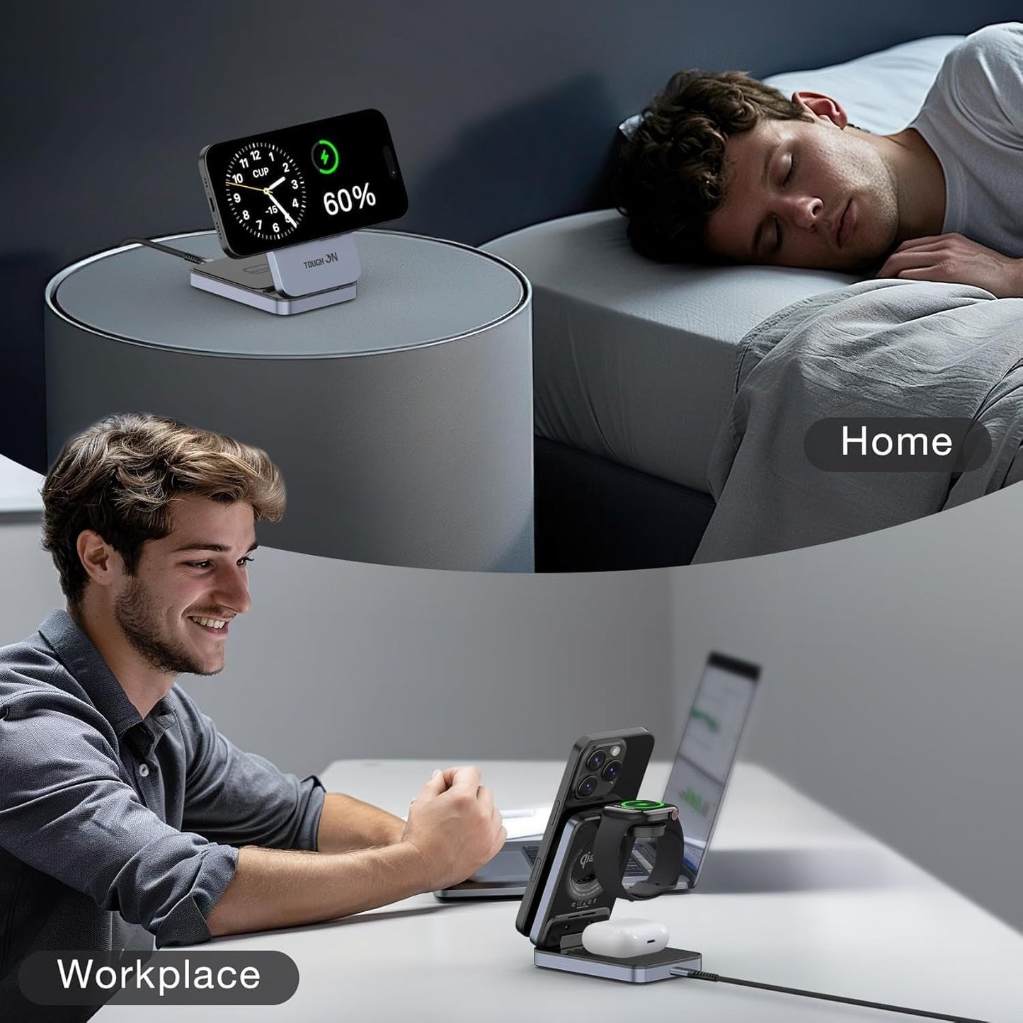 TOUGH ON Qi2 3 in 1 Wireless Charging Station for Apple, Qi2 15W Wireless Charger for iPhone, Compatible MagSafe Wireless Charger Stand for Multiple Devices iPhone 16/15/14/13/12, Apple Watch, AirPods