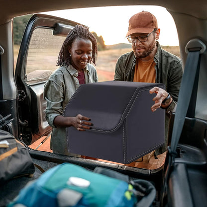 Car Trunk Organizer Multipurpose Leather Cargo Storage Box for Sedan SUV RV, Durable Collapsible Adjustable Auto Compartments Trunk Organiser (Black Solid-Small-Set of 2Pcs)