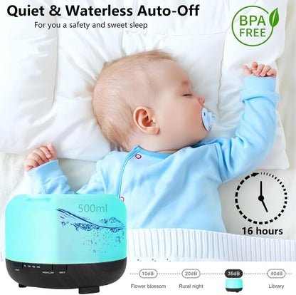 Diffusers for Essential Oils - Essential Oil Diffusers with Remote Control, 500ml Waterless Auto-Off 4 Timers 7Color Light Cool Mist Air Humidifier for Home Bedroom Office Plants Aromatherapy