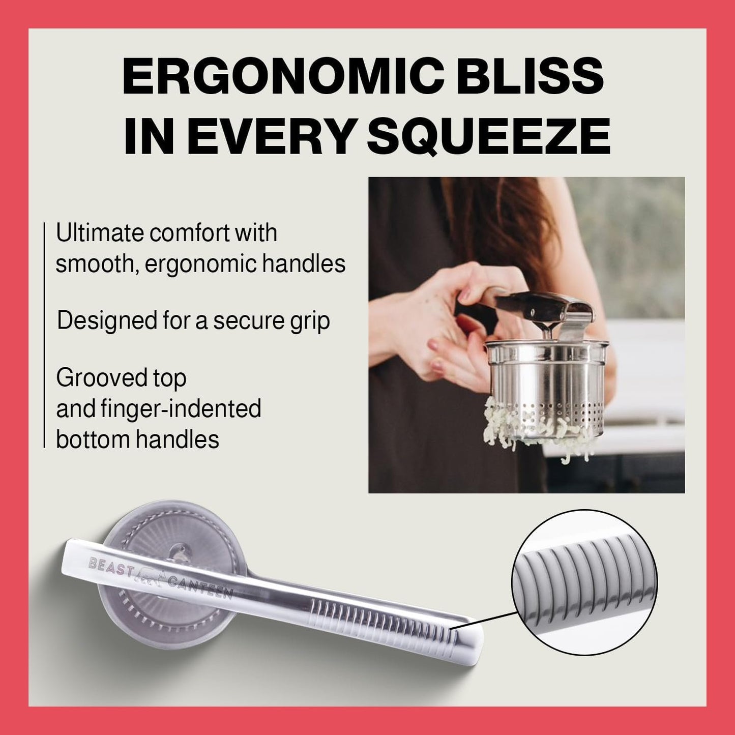 Beast Canteen Potato Ricer - 18/8 Stainless Steel, Silver, Professional Kitchen Tool, Press, Large Masher