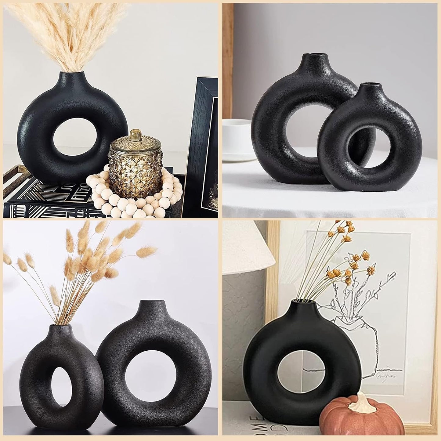 Sawoake Black Donut Vase Set of 2,Modern Home Decor, Round Matte Pampas Grass Vase, Neutral Boho Nordic Minimalism Style Flower Vases for Living Room Wedding Dinner Table Party Office Bedroom