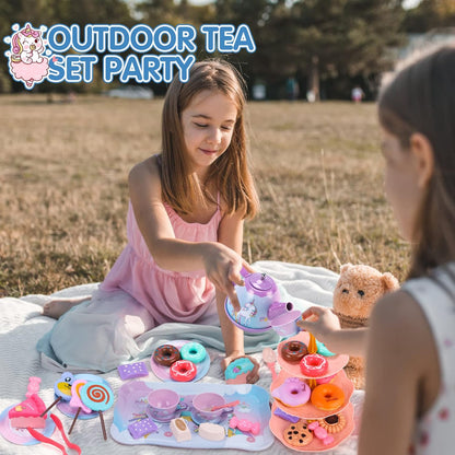 REMOKING Unicorn Toys for Girls,48 PCS Kids Tea Set for Kids,Pretend Toy with Play Desserts,Tin Teapot,Educational Play Food Princess Toy Gift,Toddler Toys for 3-7 Year Old Girls Boys