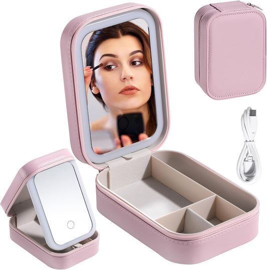 BS-MALL Travel Cosmetic Mirror Case LED Makeup Mirror Storage Case for Makeup Brushes Cosmetic Tools Pink On-the-go Needs Pink, White, Travel, BS-B92