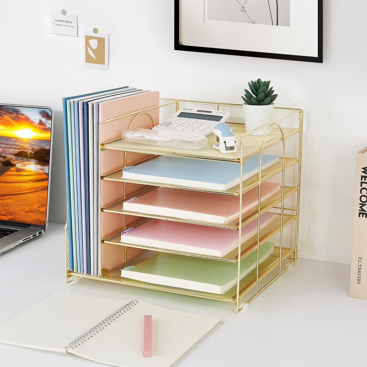 LEKETREE Desk Organizers and Accessories, 5-Tier Paper Letter Tray Organizer with File Holder, Desktop Organizer for Office Supplies, Office Desk Accessories & Workspace (Gold)