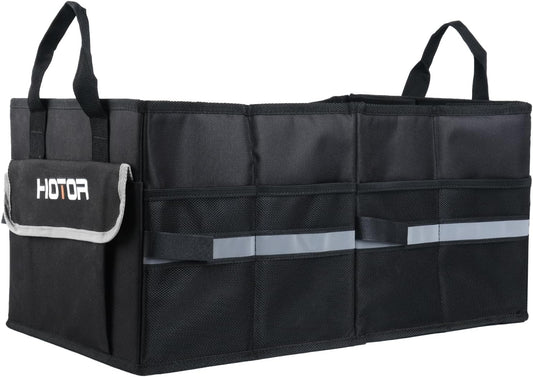 HOTOR Foldable Trunk Organizer - SUV, Sedan & Van Compatible, Sturdy Base Panel for Car Accessories, Black, 2 Compartments, 54.2×32.2×27.2cm