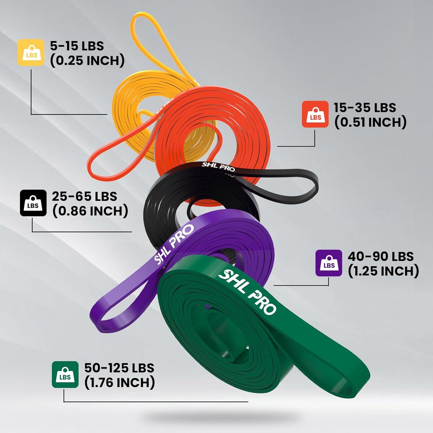 SHL PRO Elastic Resistance Bands, Set of 5 with Accessory Kit, Elastic Fitness Band for Workout Stretching Powerlifting Resistance, Strength Training and Physical Therapy