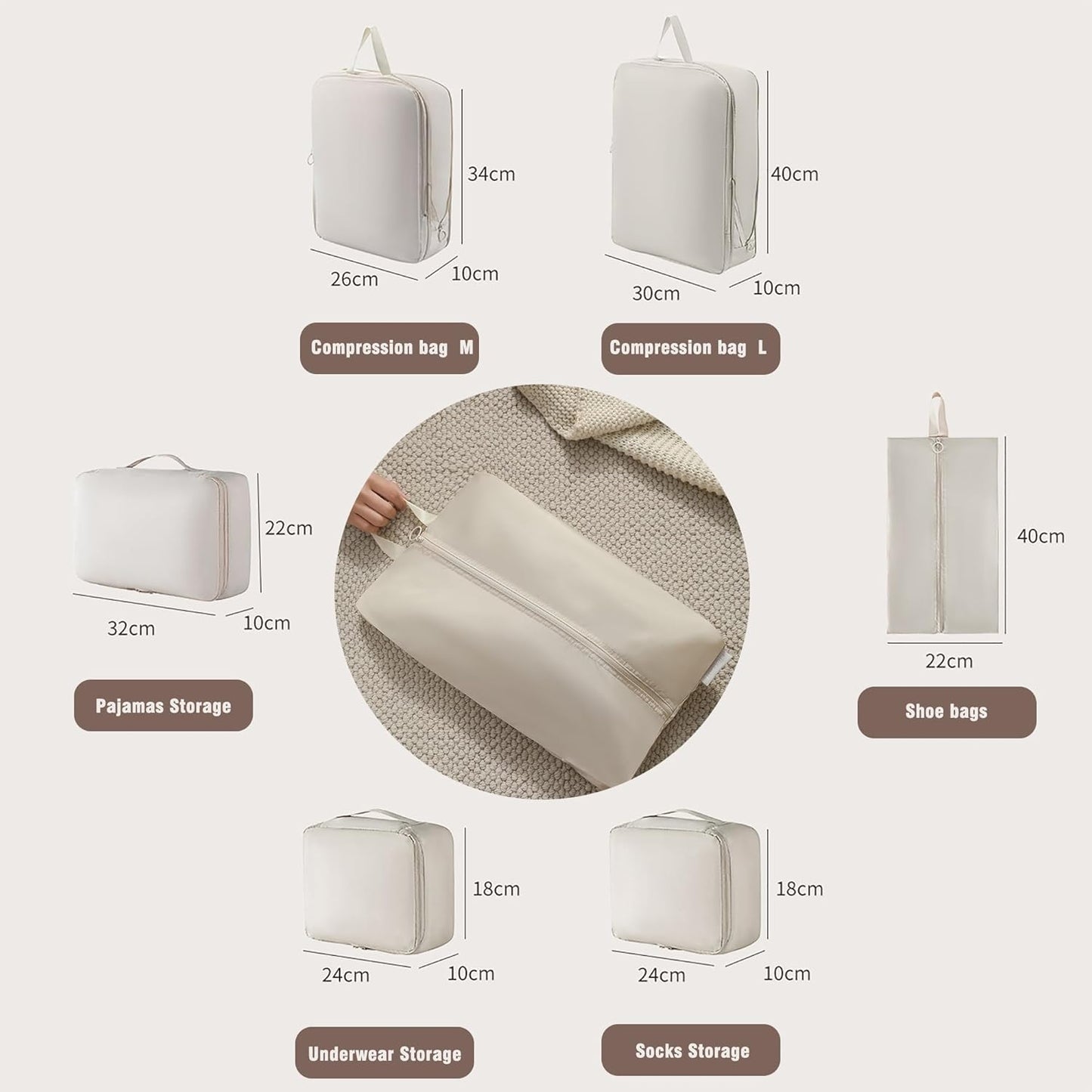 Set of 6 Packing Cubes Compression Design - Save Space in Luggage