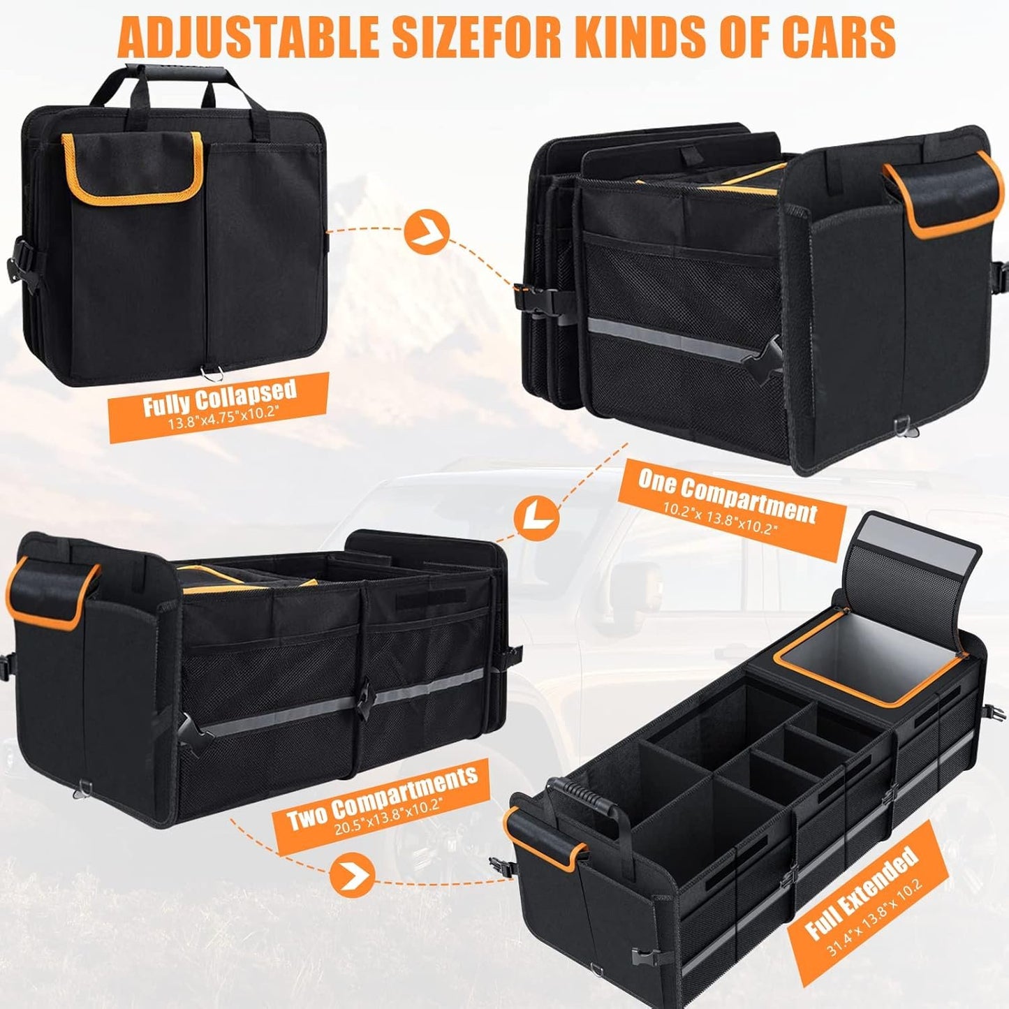 Trunk Organizer for Car, Foldable Car Storage Bag Portable With Built-in Leakproof Insulation Cooler Bag, 5 Compartments Vehicle Divider Heavy Duty Cargo Tote for SUV RV Lorry Truck Car Trip (T783)