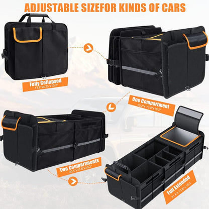 Trunk Organizer for Car, Foldable Car Storage Bag Portable With Built-in Leakproof Insulation Cooler Bag, 5 Compartments Vehicle Divider Heavy Duty Cargo Tote for SUV RV Lorry Truck Car Trip (T783)
