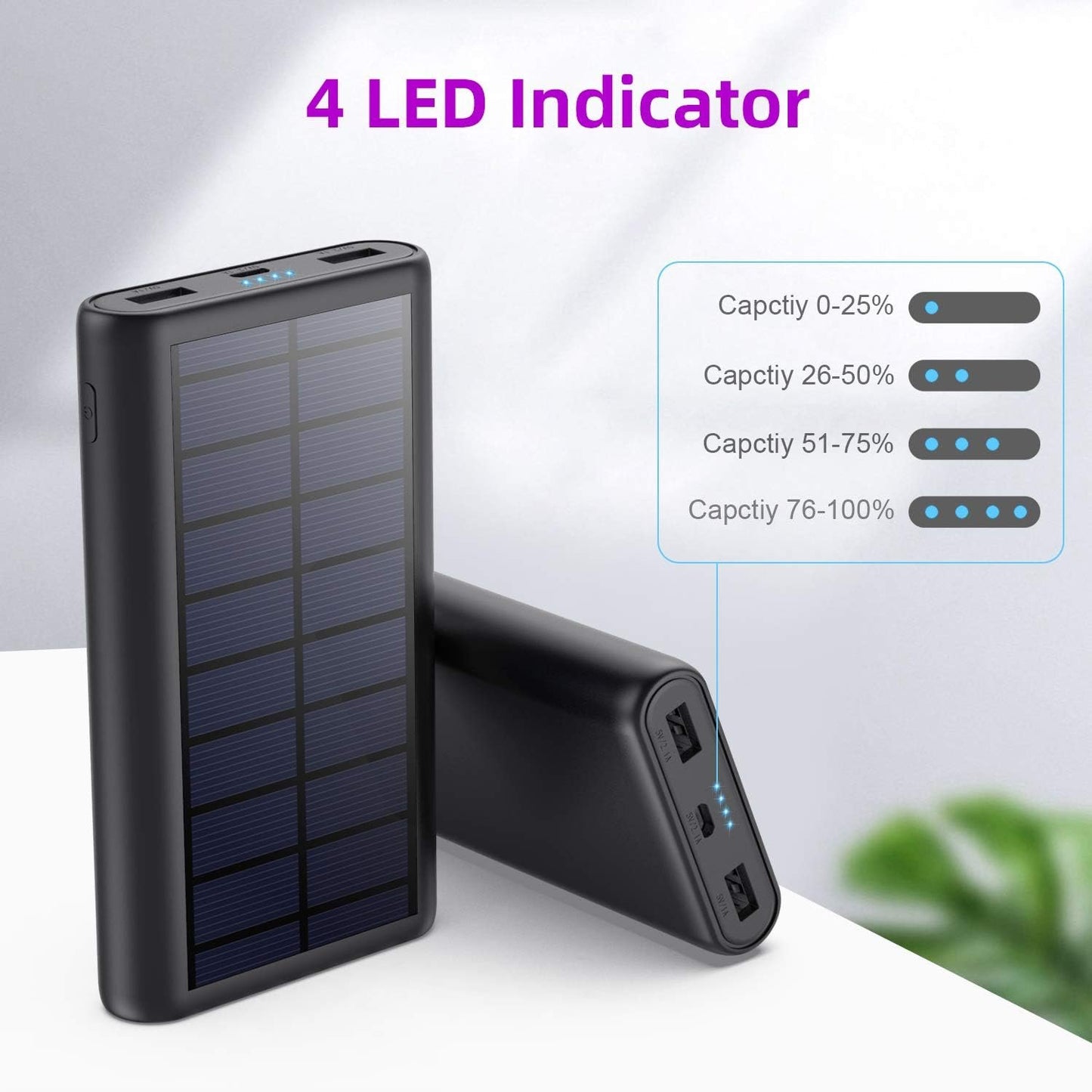 Solar Charger,26800mAh Solar Battery Power Bank Portable Panel Charger with LEDs and 2 USB Output Ports External Battery Pack for Camping Outdoor for Smartphone, Tablet, Android Cellphone Black