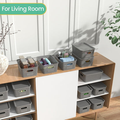Plastic Storage Baskets with Lid - Plastic Storage Containers Stackable Storage bins: Storage Baskets for Organizing Shelves Drawers Desktop Closet Playroom Classroom Office, 8 Pack-Gray