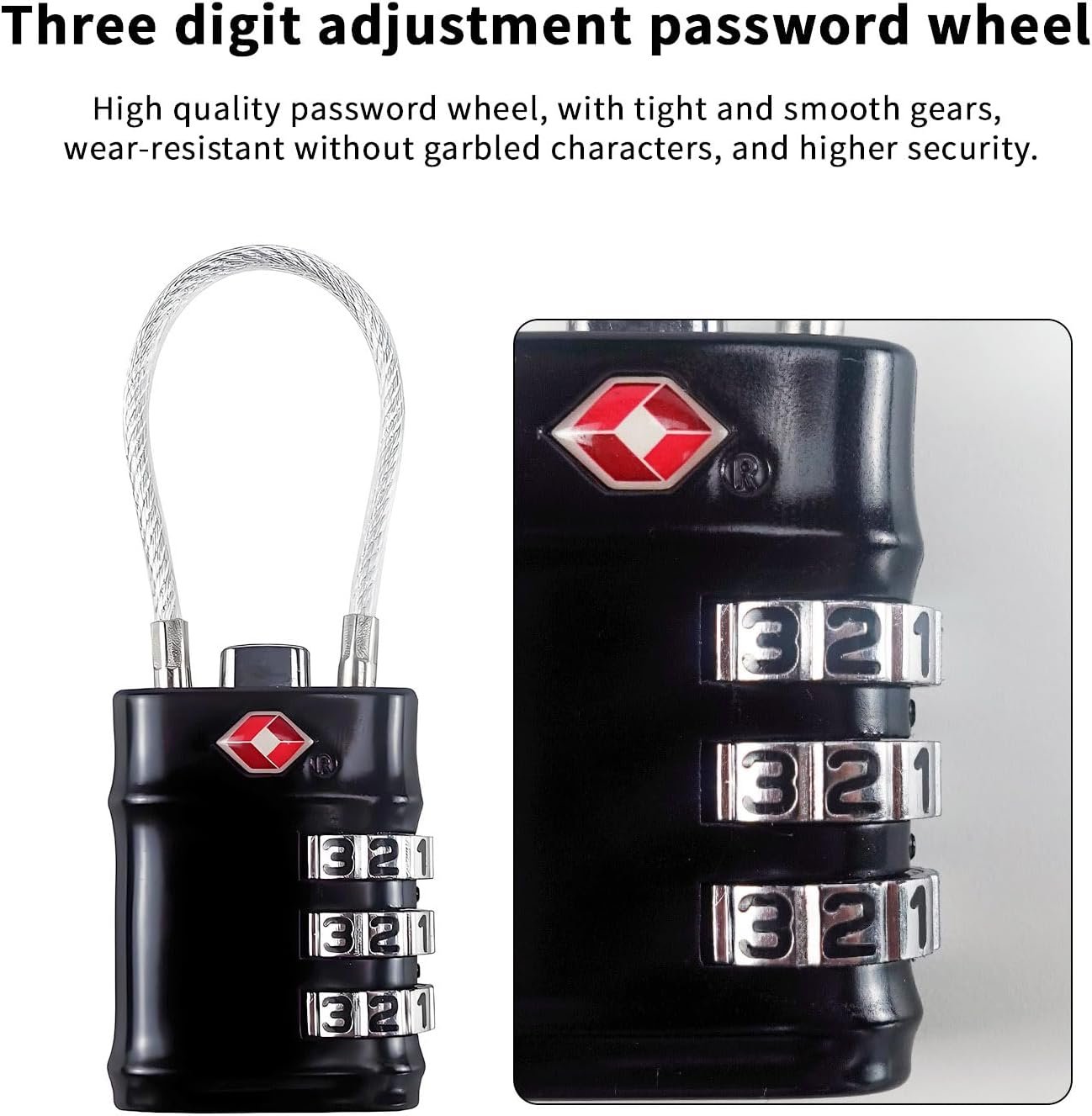 QUMOX TSA Approved Cable Luggage Locks, 3 Digit Combination Padlocks, Travel Lock for Suitcases Bag, Alloy Body, Travel Accessories (Black 4 Pack)