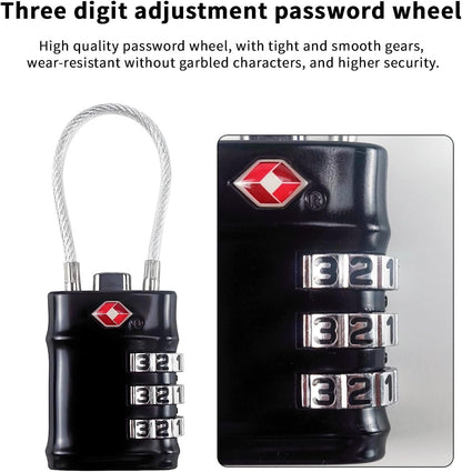 QUMOX TSA Approved Cable Luggage Locks, 3 Digit Combination Padlocks, Travel Lock for Suitcases Bag, Alloy Body, Travel Accessories (Black 4 Pack)